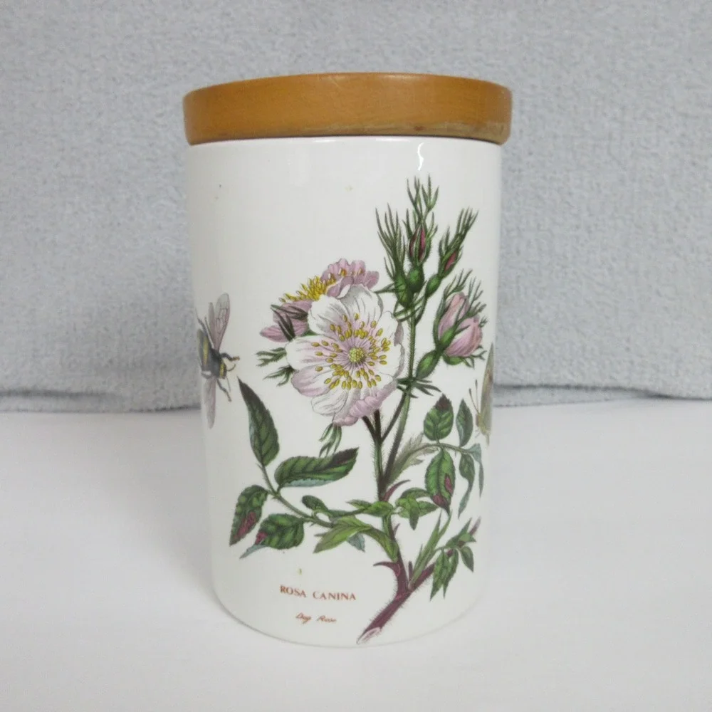 Portmeirion Botanic Garden Rosa Canina Dog Rose Canister Wooden Lid 7in England
